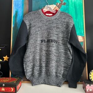 PLAYBOY Men's Gray and Black Crewneck Sweater Medium